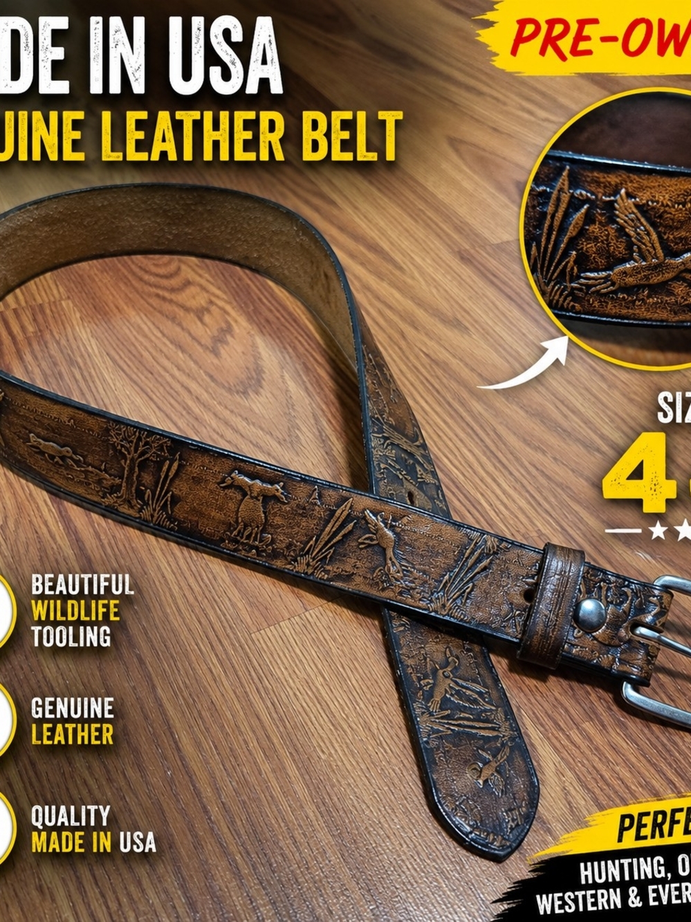 Made USA Genuine Leather Belt Size 44 Brown Duck Wildlife Tooled Western Hunting